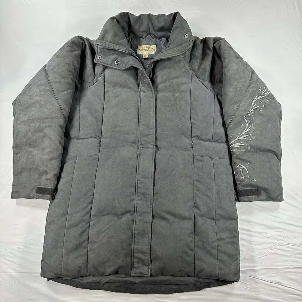 Cabela's Goose Down Winter Jacket Womens Size Medium Gray Puffer Embroidered